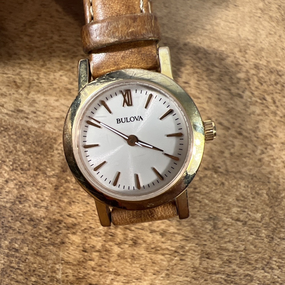 Bulova Women's Analog Brown Genuine Leather Gold Tone Quartz Watch Needs Battery - Picture 2 of 16